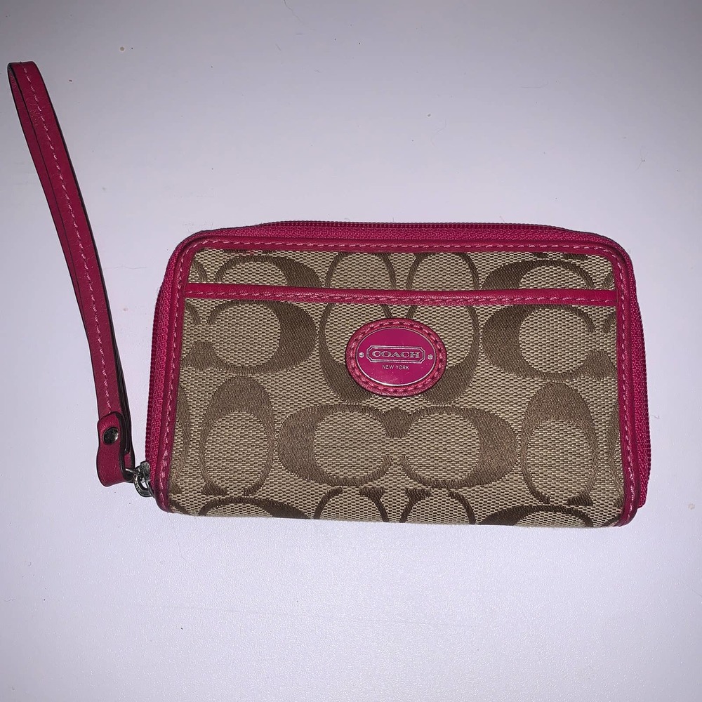 Coach Tan Signature Monogram & Hot Pink Leather Wallet/ Wristlet. Great Size.EUC